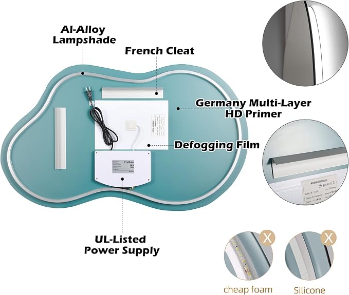LED Mirror for Bathroom, 22x36 Inch Irregular Backlit Mirror | 3 Colors, Dimmable, Anti-Fog, Memory Function, Horizontal/Vertical, Al Alloy Lampshade, HD Glass, Rust-proof Treatment, UL