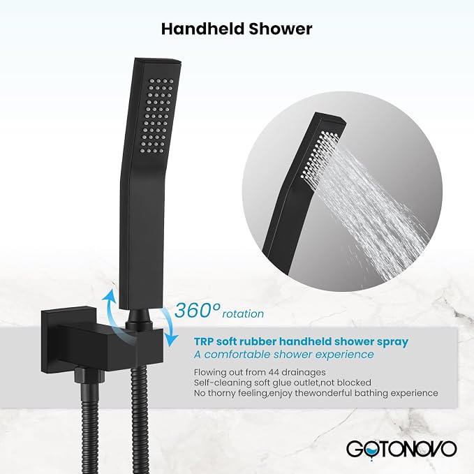gotonovo Shower Faucet Set with Handheld Spray Matte Black,16'' Head | SUS304 Rainfall Shower Head and Handle Set System Fixture,Pressure Balance Valve Trim Kit,Single Handle,Wall Mount,All Metal