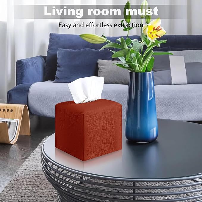 2 Pack 5"x5"x5" Square PU Leather Tissue Box Holders for Home & Office | Modern sleek design, water-resistant PU surface, fits bathroom vanity nightstand & car (Reddish Brown)