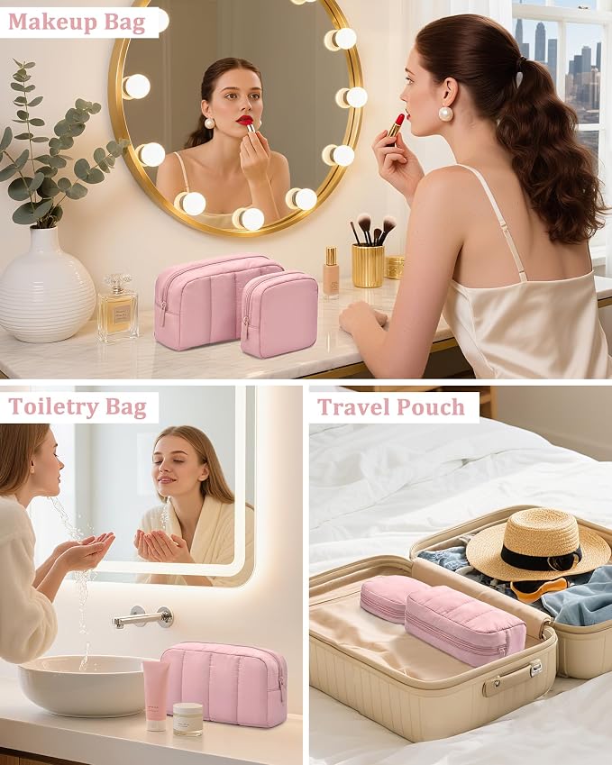 2 Pcs Makeup Bag Travel Toiletry Bag for Women Puffy Padded Cosmetic Pouch Purse Wide-open Makeup Organizer Case Travel Essentials