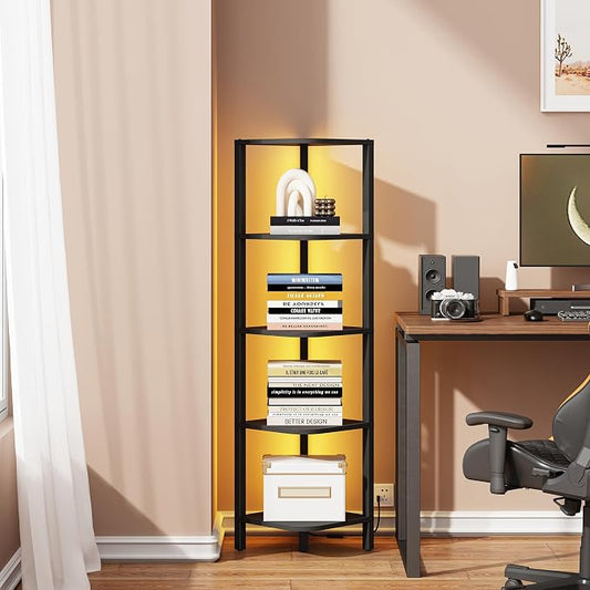 TUTOTAK Corner Shelf with LED Light, 5-Tier Corner Bookshelf | for Small Space, Narrow Display Corner Shelf Stand with Storage Rack, for Living Room, Bedroom, Black BS08BK005L