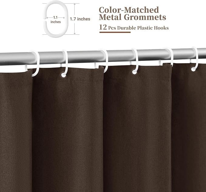 Boho Scalloped Linen Textured Cloth Shower Curtain Set, 72x84, Brown | Tall Size, 230GSM Waterproof Polyester, Heavy Duty Fabric, 12 Plastic Hooks, Elegant Modern Farmhouse Style, Machine Washable