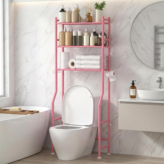 GloTika 3-Tier Over Toilet Storage, Anti-Tilt, 64" H, Pink | Anti-Tilt Safety System, 150lb Capacity, Carbon Steel, Freestanding, No Drilling, Anti-Rust Coating, Paper Holder & 4 Hooks