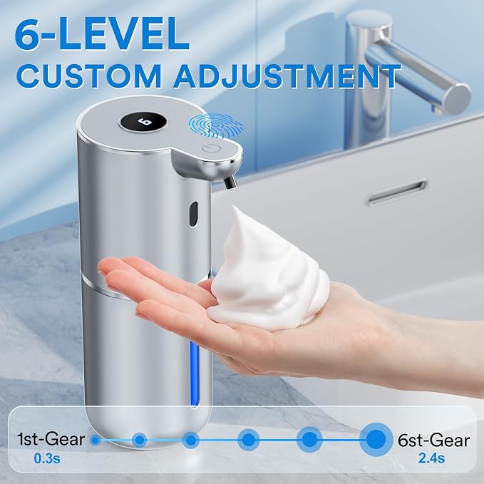 Automatic Foaming Soap Dispenser Touchless, Rechargeable Electric Hand ＆ Dish Soap Dispenser for Bathroom and Kitchen - Smart Digital Display, 6 Adjustable Level, 380ml, Wall Mounted, IPX5