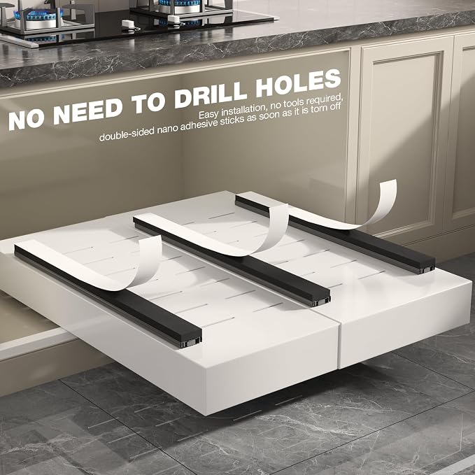 Seinloes 2 Pack Pull Out Cabinet Organizer 24" Deep,Full Extension 3 Slide Rails Slide Out Drawers With Raising Pad for Framed Cabinets,Expandable Width (12.3"-20.5"),No Drill Roll Out shelf,White