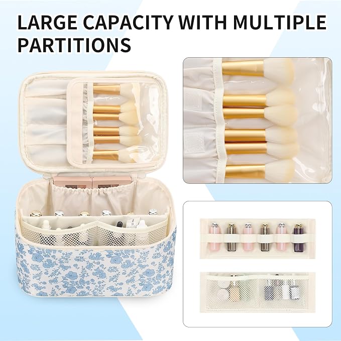 Makeup Bag Portable Cosmetic Bag For Women, Large Capacity Travel Makeup Case Organizer, Toiletry Bag for Girls Traveling With Handle and Divider-Flowers