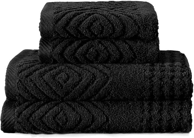 Texere 100% Organic Cotton Jacquard Towel Sets (Black (Diamond), 2 Hand & 2 Wash Towels)
