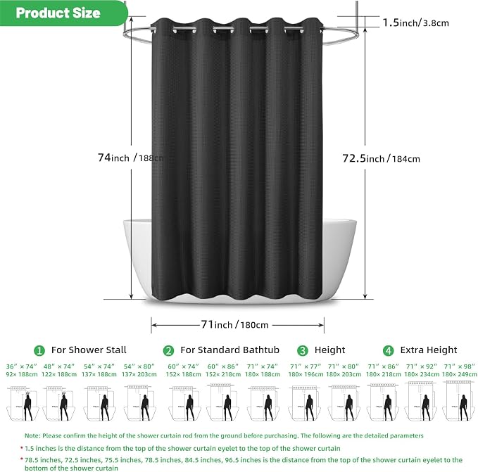 No Hook Waffle Shower Curtain, No Liner Needed Separate, 71x74 Inch, Black | 100% waterproof TPU-laminated backing, magnetic weighted hem, machine washable, shower curtain set for bathroom or hotel use