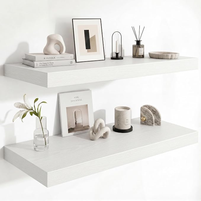 12 Inch Deep Floating Shelves for Wall, 36 Inch Wide Wall Shelves Set of 2, 2 Inch Thick Heavy Duty Invisible Wall Mounted Shelves for Kitchen Living Room,White