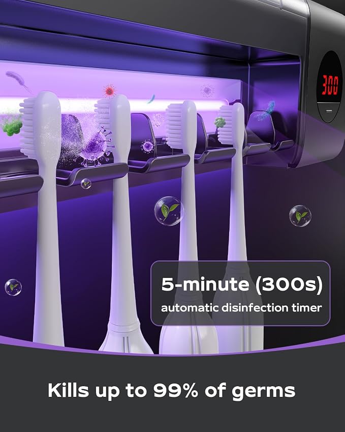 Toothbrush Holder for Bathroom Wall Mounted, Rechargeable - Black | EPA Certified; 300s Smart Timer; 2000mAh Battery; LCD Working Display; Holds 5 Toothbrushes; Easy Wall Mount