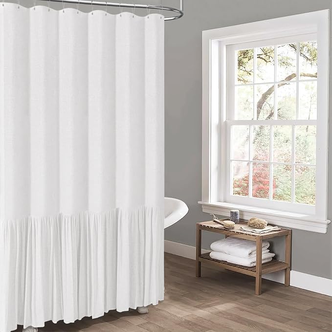 Stall Linen Ruffle Modern Farmhouse Cloth Shower Curtain, 54x78, White | Ruffle Hem, Heavy Duty Fabric, 10 Hooks, Elegant Drape, Shabby Chic Style, Bathroom Decor, Machine Washable, Easy To Install