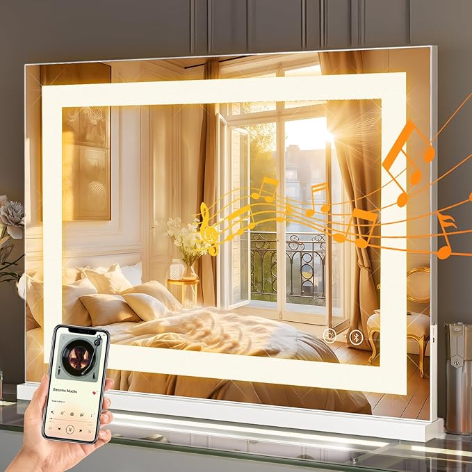 FENCHILIN Vanity Mirror with Lights 23” x 18” Hollywood Makeup Mirror with Light Strip Smart Touch Control 3 Colors Dimmable & 10X Magnification Tabletop White