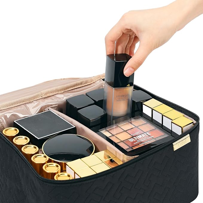 NISHEL Large Makeup Bag Organizer, Double Layer Cosmetic Travel Case | Organizer for brushes, bottles, makeup and skin care products, ideal for trips and daily use, Black, Large
