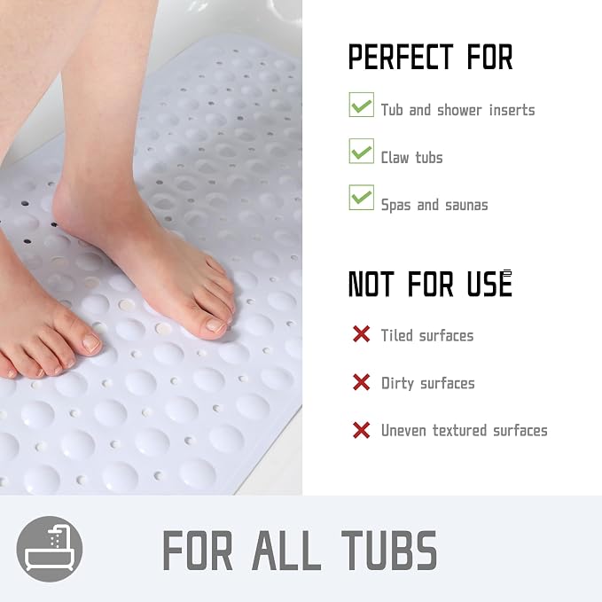 Yimobra Non Slip Bathtub Mat 40 x 16 Inch, Extra Long Shower Mat with Drain Holes, Machine Washable Baby Bath Mats, Strong Suction Cups for Bathroom Floor, Snow