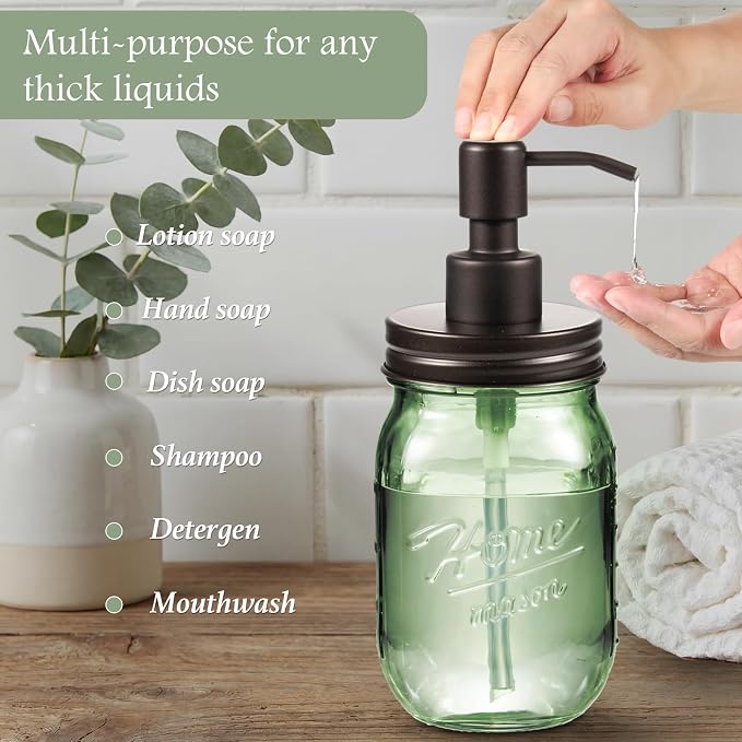 Amolliar Mason Jar Bathroom Accessories Set, 4 Pcs Green Glass Bathroom Set | (Bronze)Lotion Soap Dispenser, 2 Qtip Holders, Toothbrush Holder, Rustic Farmhouse Decor, Bathroom Home Decor For Countertop