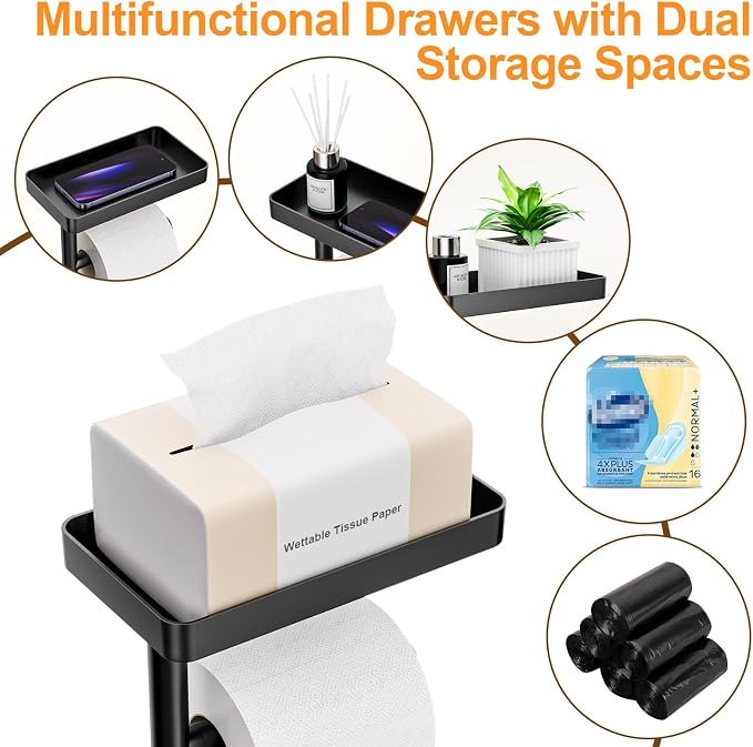 Freestanding Toilet Paper Holder Stand with Storage, Bathroom Paper Stand | with Weighted Anti-Slip Base, Fits 4 Spare Rolls and Shelf for Phone & Small Items, No Drilling