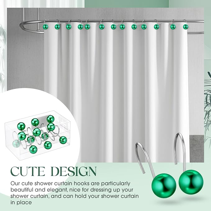 12 Pcs Cute Shower Curtain Hooks Shower Curtain Rings Artificial Pearl Decorative Vintage Rustproof Hooks for Bathroom Country Farmhouse Decor (Green)