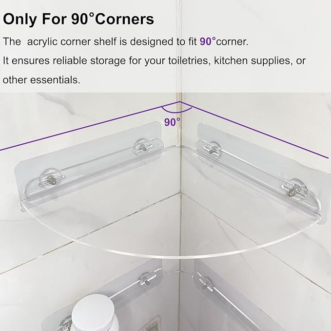 Corner Shower Caddy Shelf Rack 2 Tier Adhesive Shower Organizer Essentials - No Drilling Acrylic Bathroom Storage Rack with Hooks No Drilling Shelves (8.5"x8.5" 2 Tier Clear)