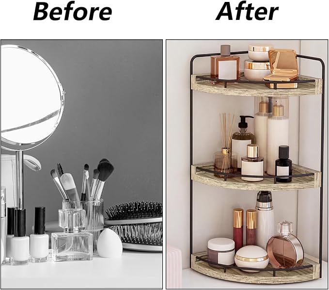 Fixwal 3 Tier Corner Bathroom Countertop Organizer Vanity Shelf Light Brown | Corner Organizer, Rustic Wood Finish, Countertop Storage for Bathroom Essentials, No Install, Compact, Space Saving