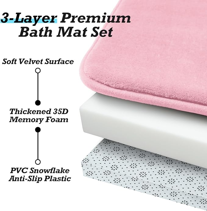 Bathroom Rugs Sets 3 Piece, Non-Slip & Quick Dry Bath Mat Set, Ultra Soft Velvet Bath Rugs for Bathroom, Toilet and Shower Floor, Rose Pink