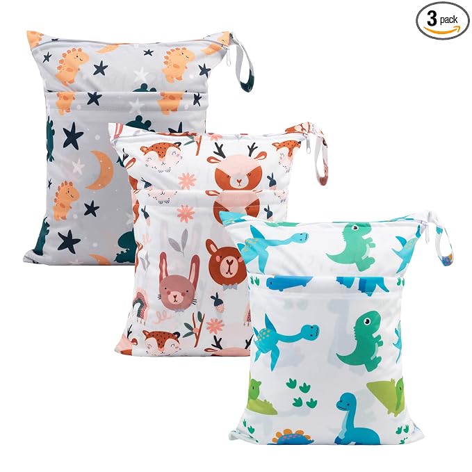 babygoal Wet Dry Bags for Baby Cloth Diapers, Washable Travel Bags, Beach, Pool, Gym Bag for Swimsuits & Wet Clothes with Two Zippered Pockets 3 Pack, 3LN23