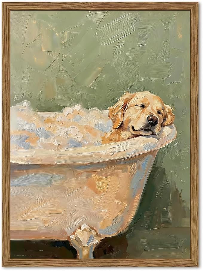 Funny Dog Bathroom Wall Art Cute Golden Retriever in Bathtub Wall Decor Picture Whimsical Bathroom Dog Poster Canvas Painting Print 16x24 inch Wood Framed