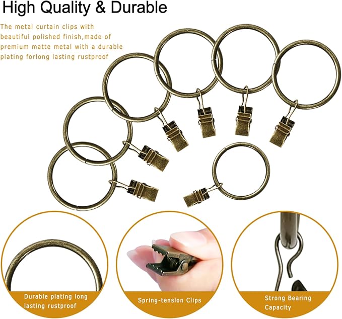 Lansian 44 Pack Curtain Rings with Clips Hooks 1.26 in Diameter Rustproof | Metal Stainless Steel Drapery Rings for Tension Rod Bracket Eyelets Decorative Hanger, Fits 1 in Rods, Antique Brass