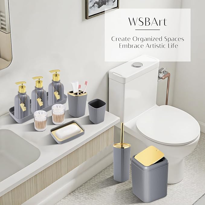 17PCS Bathroom Accessories Set, Gray Bathroom Set Bathroom Accessories Set with Trash Can, Toilet Brush, Toothbrush Holder, Qtip Holder & 3PCS Soap Dispenser