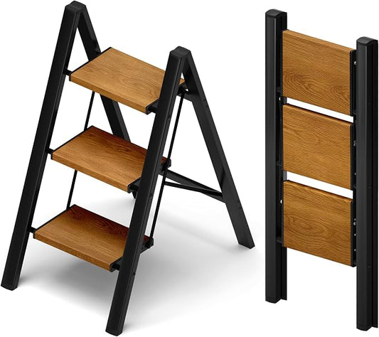 Taranta 3 Step Stool Foldable,Aluminum Step Ladder-BlackWoodgrain | Lightweight,Wide Anti-Slip Pedals,Folding Step Stool,330lbs Capacity for Household,Kitchen,Office