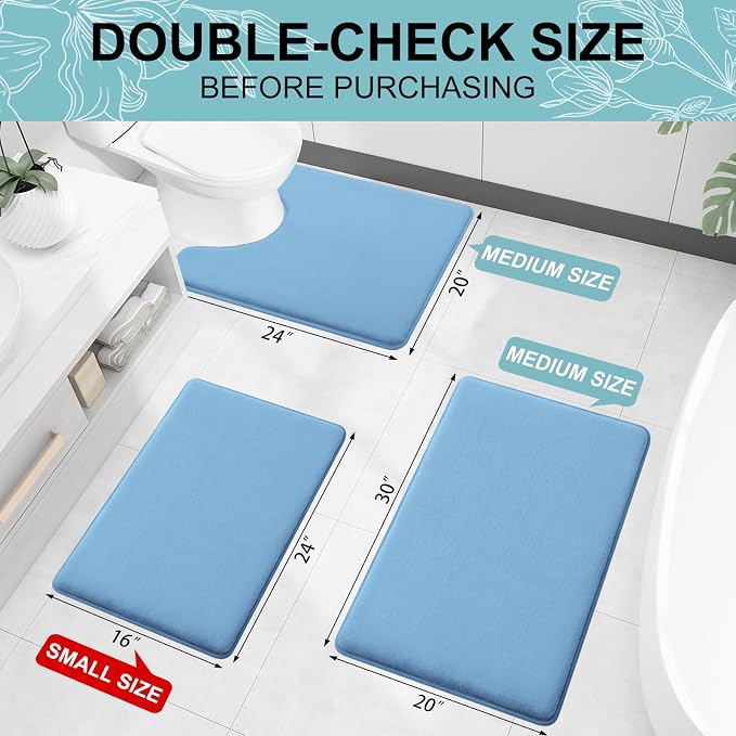 Smiry Memory Foam Bath Mat 36x24, Extra Soft and Absorbent Bathroom Rugs | Blue, Quick Dry Machine Washable Non-Slip Bath Mat for Bathroom Floor, Shower and Tub