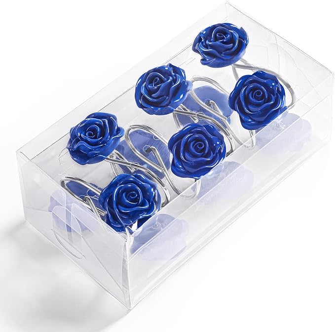 Cute Rose Floral Shower Curtain Hooks Rings for Bathroom,Blue 12PCS | Metal Rustproof Curtain Hooks Shower Rings,Girls Decorative Flower Bathroom Decor,for Bathroom Shower Rods