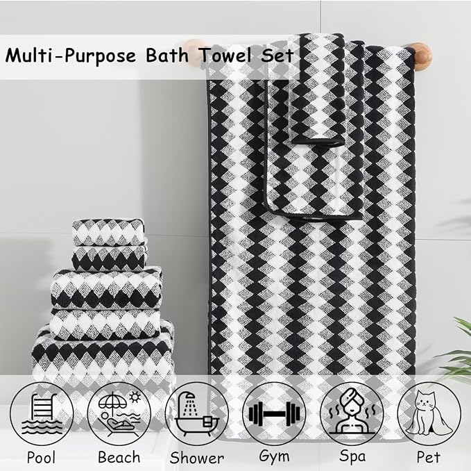 12 Pcs Black White Diamond Towel Set-4 Bath Towels,4 Hand Towels,4 Washcloths Soft Polyester Towels with Loop Absorbent Shower Towel Quick Dry Beach Chair Towel Family Towels for Bathroom Spa Gym Pool