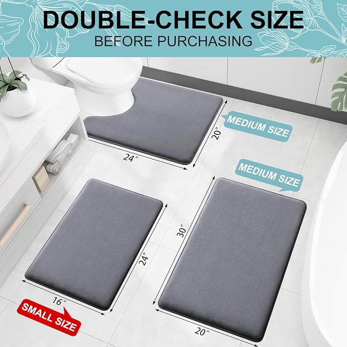 Smiry Memory Foam Bath Mat 36x24, Extra Soft and Absorbent Bathroom Rugs | Dark Grey, Quick Dry Machine Washable Non-Slip Bath Mat for Bathroom Floor, Shower and Tub