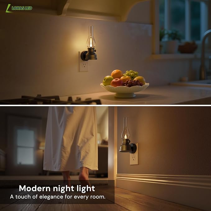 L LOHAS LED Flameless Candles Night Light, Rechargeable Plug in Night Light | LED Kerosene Lamp Night Lights Plug into Wall, Dimmable Flickering Flame Vintage Oil Lamp, Dusk to Dawn sensor Nightlight