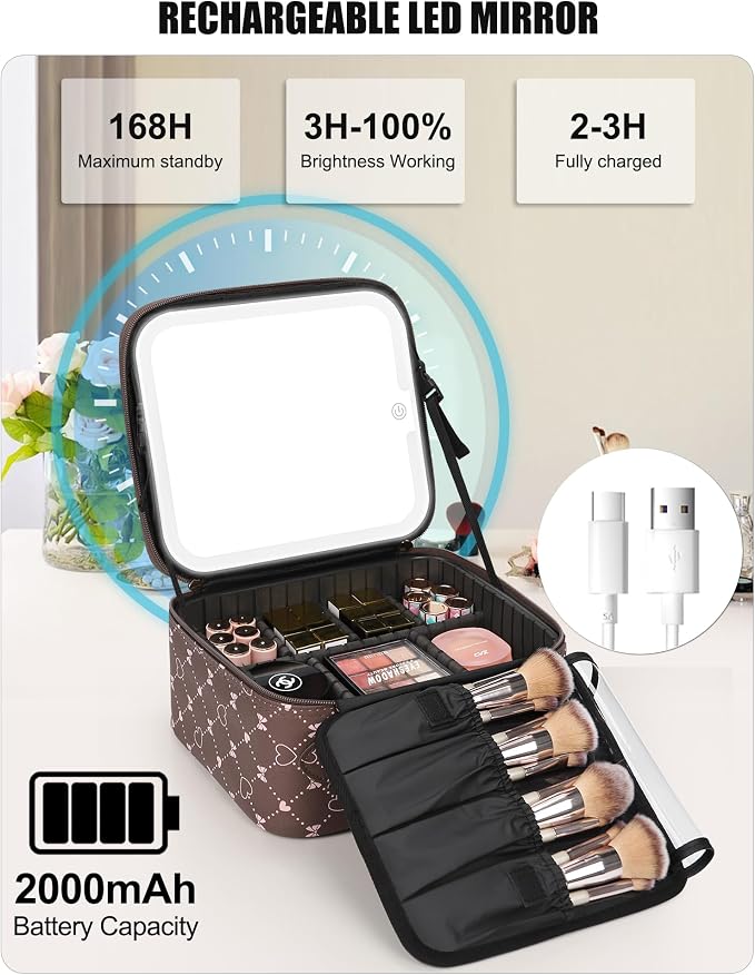 Relavel Travel Makeup Bag With LED Mirror, Brown Bowknot | Portable Cosmetic Bag with Adjustable Brightness in 3 Color Scenarios, Small Train Case with Detachable Dividers for Trip