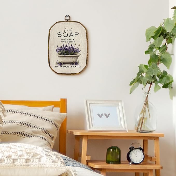 Yjeslw Vintage Lavender Bathroom Octagon Wall Art Decor, Rustic Farmhouse Framed Canvas Prints, Cottagecore Neutral Flower Bathtub Wall Hanging Decorations for Bathroom Washroom Decor, 10.2x7 In
