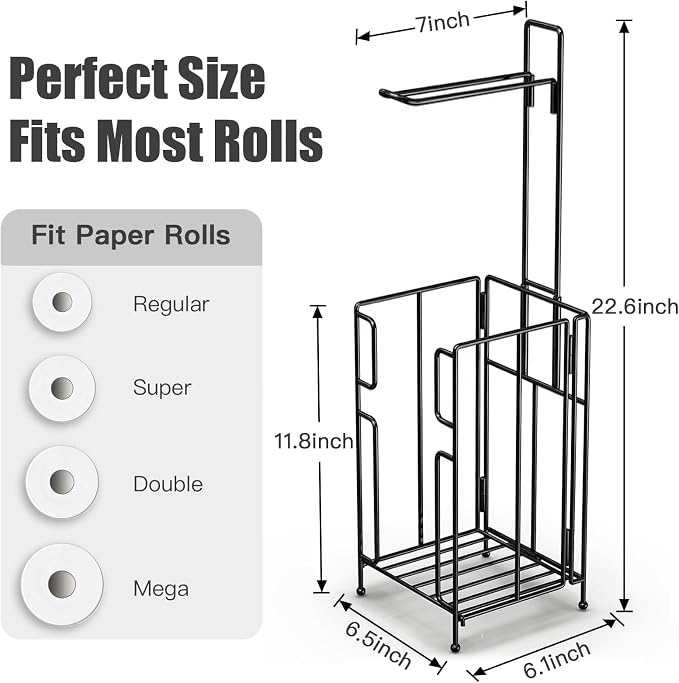 Toilet Paper Holder Stand with Storage, Free Standing Paper Roll Dispenser for 4 Mega Rolls, Space-Saving Bathroom Organizer, Easy Assembly & Stable
