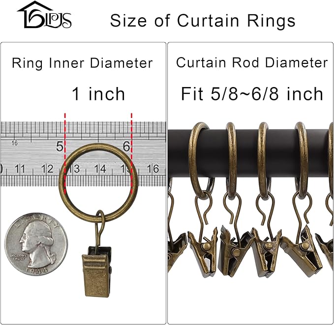 LLPJS 44 Pack Curtain Rings with Clips, Curtain Clip Rings Hooks, Bow Hanger Clips for Hanging Drapery Drapes Bows, Ring 1 inch Interior Diameter, Fits up to 5/8" Rod, Bronze