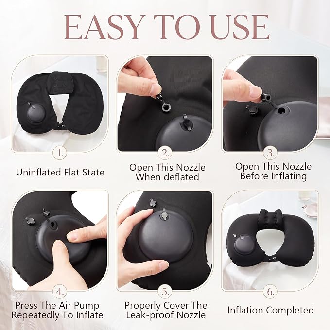 Colingmill 2 Pcs Inflatable Bath Pillows for Tub, U-Shaped Neck & Head Support Cushion, Portable Blow Up Travel Neck Pillow with Adjustable Button for Airplanes & Home Spa (Black)