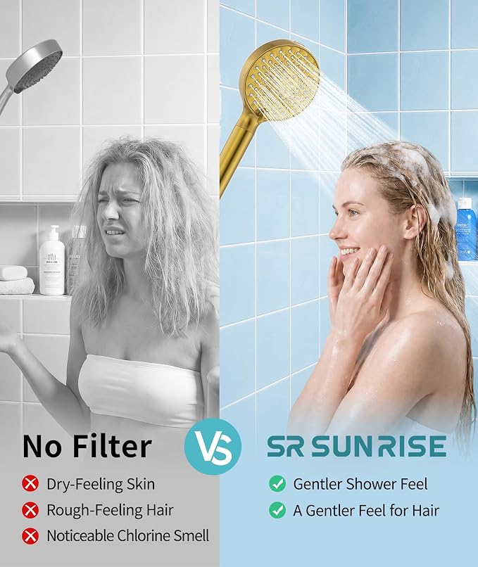 SR SUN RISE Filtered Shower Head with Handheld High Pressure 9 Spray Mode Showerhead Detachable Shower Head Water Softener Filters 1 Filter Brushed Gold