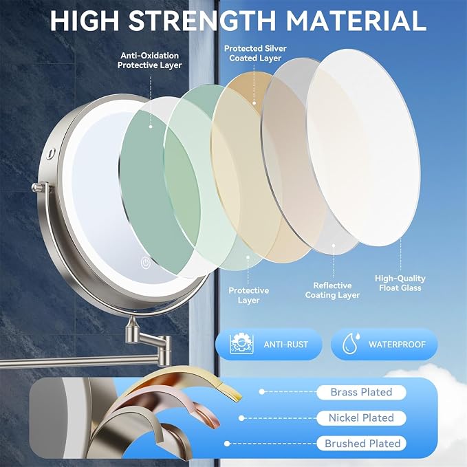 Auxmir 9″ 5000mAh 1X/30X Wall Mounted Lighted Magnifying Makeup Mirror | Power Adapter&2 Tweezers Included/ 3 Dimmable Colors/ Dual Sided Button Control/ Rechargeable/ 360° Rotation Extended Arm