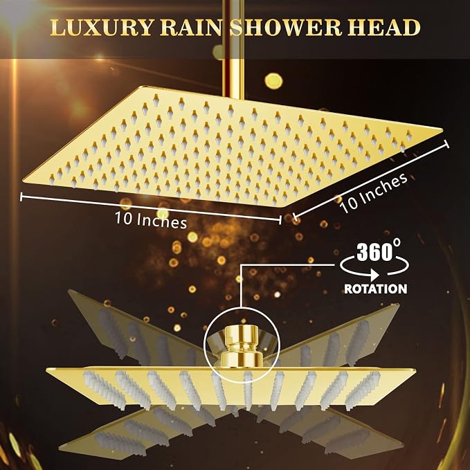 Voolan Rain Shower head, High Pressure Shower Head Made of 304 Stainless Steel, Relaxed Shower Experience Even at Low Water Flow and Pressure (10" Gold)