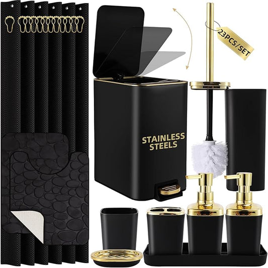Bathroom Sets with Shower Curtain and Rugs Bathroom Accessories Set Black Bathroom Set,Soap Dispenser & Toilet Brush Holder Set with Stainless Steel Trash Can(23 PCS)