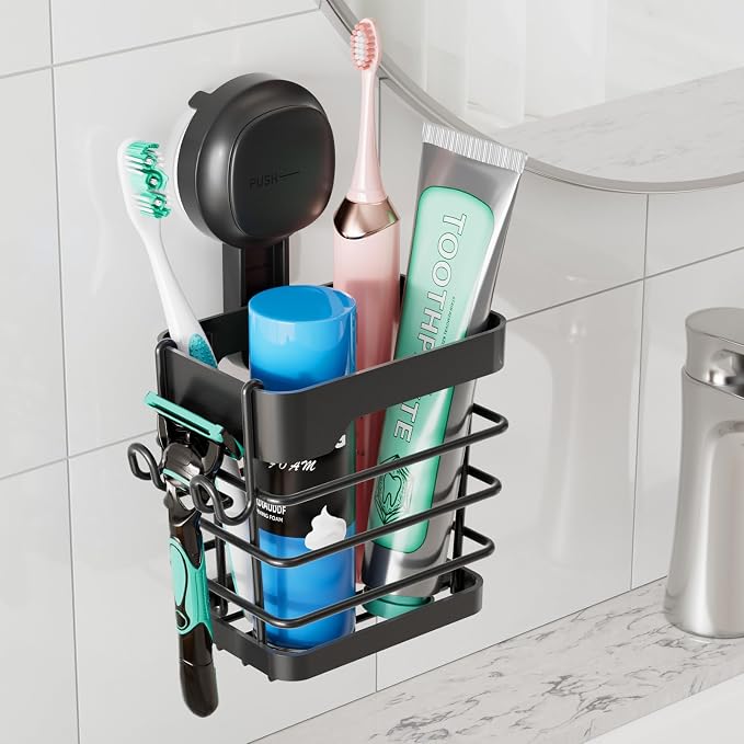Upgraded Suction Cup Toothbrush Holder with Visible Safety Indicator, Black | Heavy Duty Stainless Steel Shower Electric Tooth Brush and Toothpaste Organizers, Removable, No Drilling, Anti-Puddling