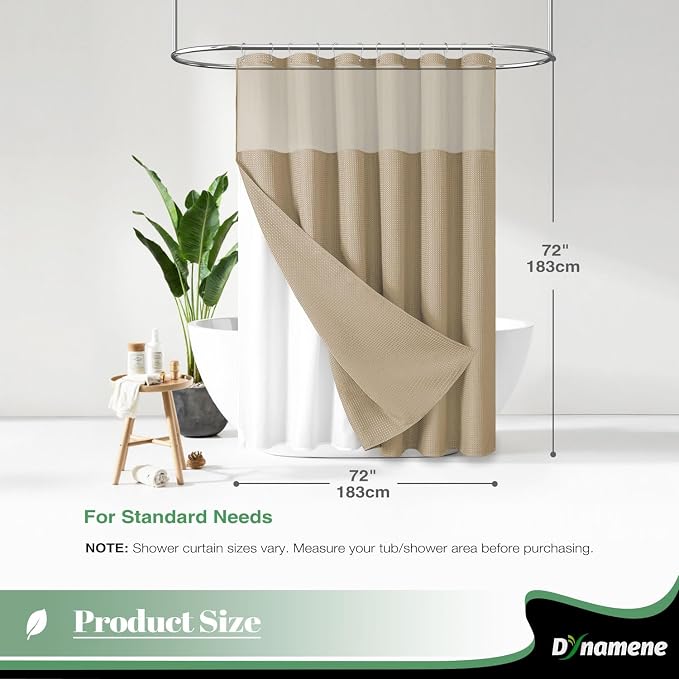 Fabric Shower Curtain with Snap in Liner, Beige Waffle Hotel Shower Curtains for Bathroom, Washable Waterproof Cloth Shower Curtain Liner Set with Plastic Hook, Mesh Top Window, 72x72, Beige