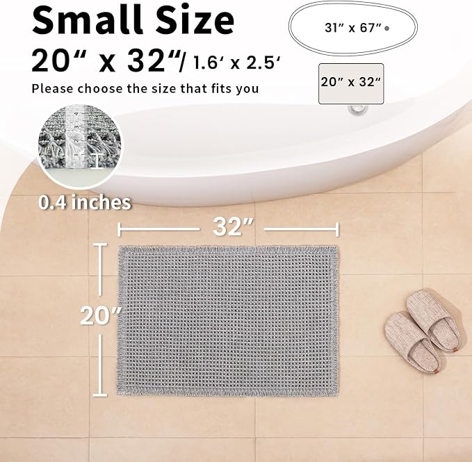 Waffle Bath Mat, Boho Bathroom Rugs Non Slip Washable, 20" x 32" | Super Absorbent Quick Dry Bath Mat, Small Boho Bathroom Mats, Soft Waffle Weave Farmhouse Bathroom Decor, Light Grey