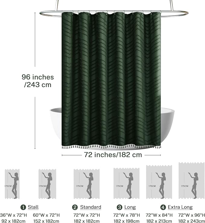 Siiluminisoy Extra Long Dark Green Boho Shower Curtain with Tassel, Woven Fabric 96 in Shower Curtain, Tufted Chevron Striped, 72 x 96, Modern Chic Textured Minimalist Bathroom Shower