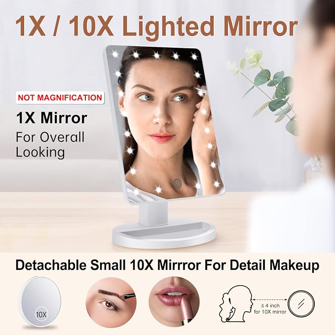COSMIRROR Lighted Makeup Vanity Mirror with 10X Magnifying Mirror 21 LED | Lighted Mirror with Touch Sensor Dimming, 180°Adjustable Rotation, Dual Power Supply, Portable Cosmetic Mirror (White)