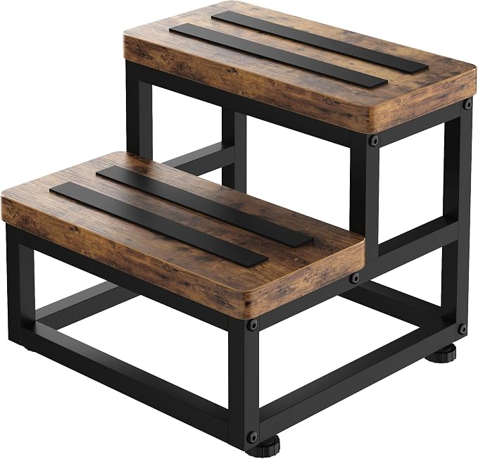 2 Step Wooden Step Stools for Adults Kids, Heavy Duty Stepping Stools Wooden Bed Step Stools for High Beds, Non-Slip 2 Bedside Foot Stool with 500 Lbs Capacity, Kitchen, Bed, RVS Step, Rustic Brown