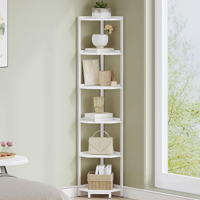 Hzuaneri Corner Shelf Stand 6-Tier Corner Bookshelf Storage Standing Shelf | Bookcase Plant Stand with Metal Frame for Living Room, Home Office, Bedroom, White CS06013W